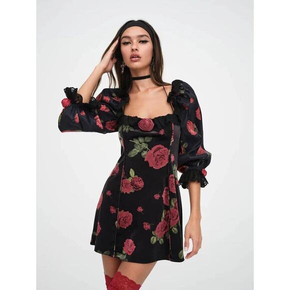 For Love & Lemons Yara Floral Mini Fairy Whimsigoth Velvet Babydoll Dress Sz XL - Picture 5 of 16